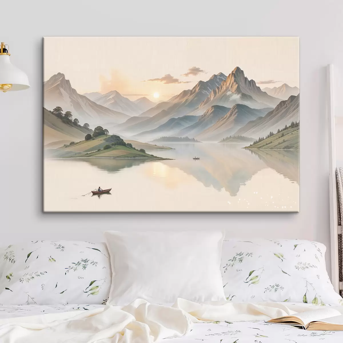 Wandbilder Eine ruhige Landschaft mit einem See, in dessen Hintergrund sich Berge spiegeln, und einem kleinen Boot auf dem ruhigen Wasser s40391