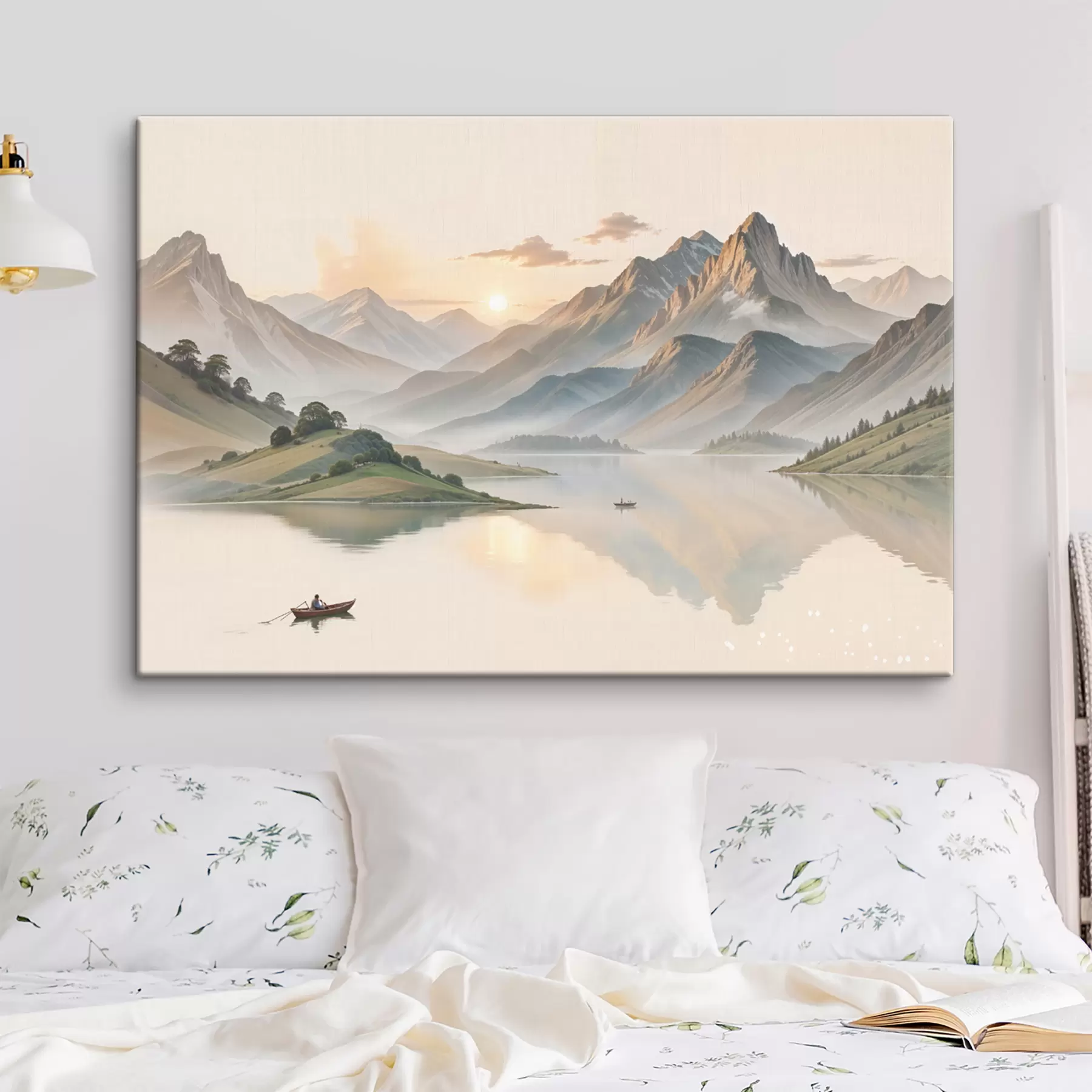 Wandbilder Eine ruhige Landschaft mit einem See, in dessen Hintergrund sich Berge spiegeln, und einem kleinen Boot auf dem ruhigen Wasser s40391