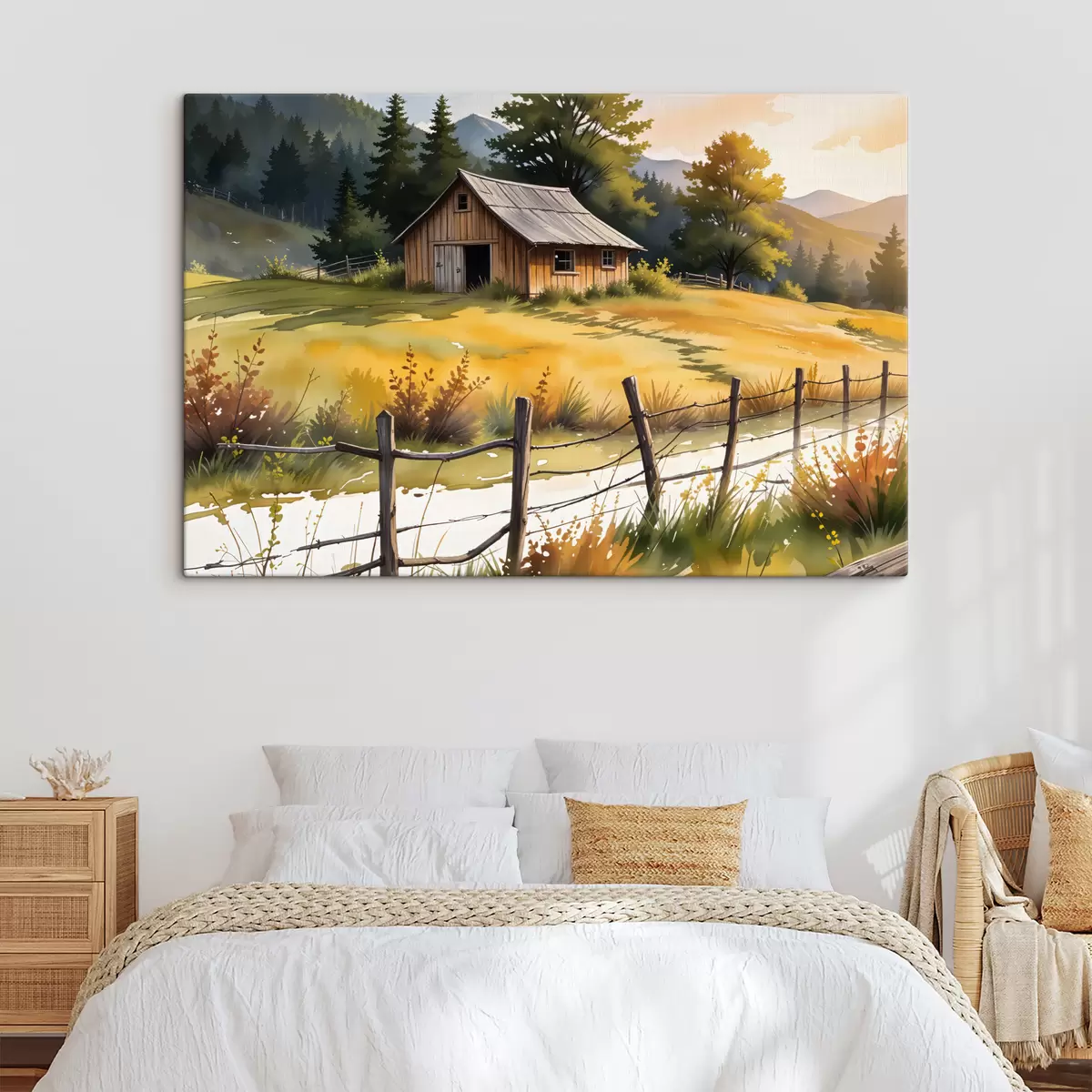 Wandbilder Ein altes Holzhaus in ländlicher Umgebung, umgeben von einer Wiese, Pinien und Bergen s40394