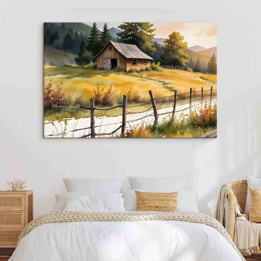 Wandbilder Ein altes Holzhaus in ländlicher Umgebung, umgeben von einer Wiese, Pinien und Bergen s40394