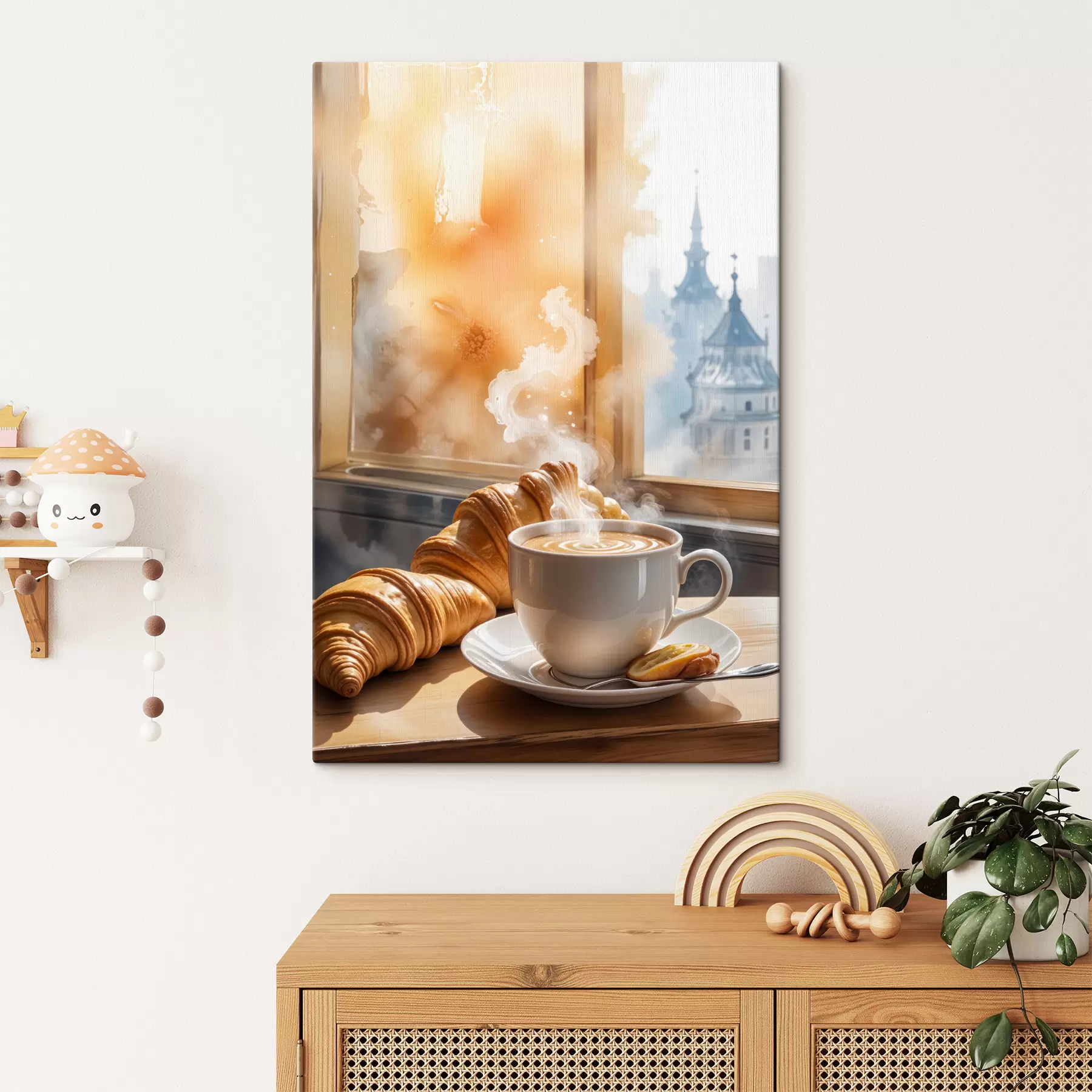 Fototapete Eine warme Tasse Kaffee mit aufsteigendem Dampf, auf einem Tisch neben einem Croissant platziert, mit Blick auf ein historisches Gebäude s40405