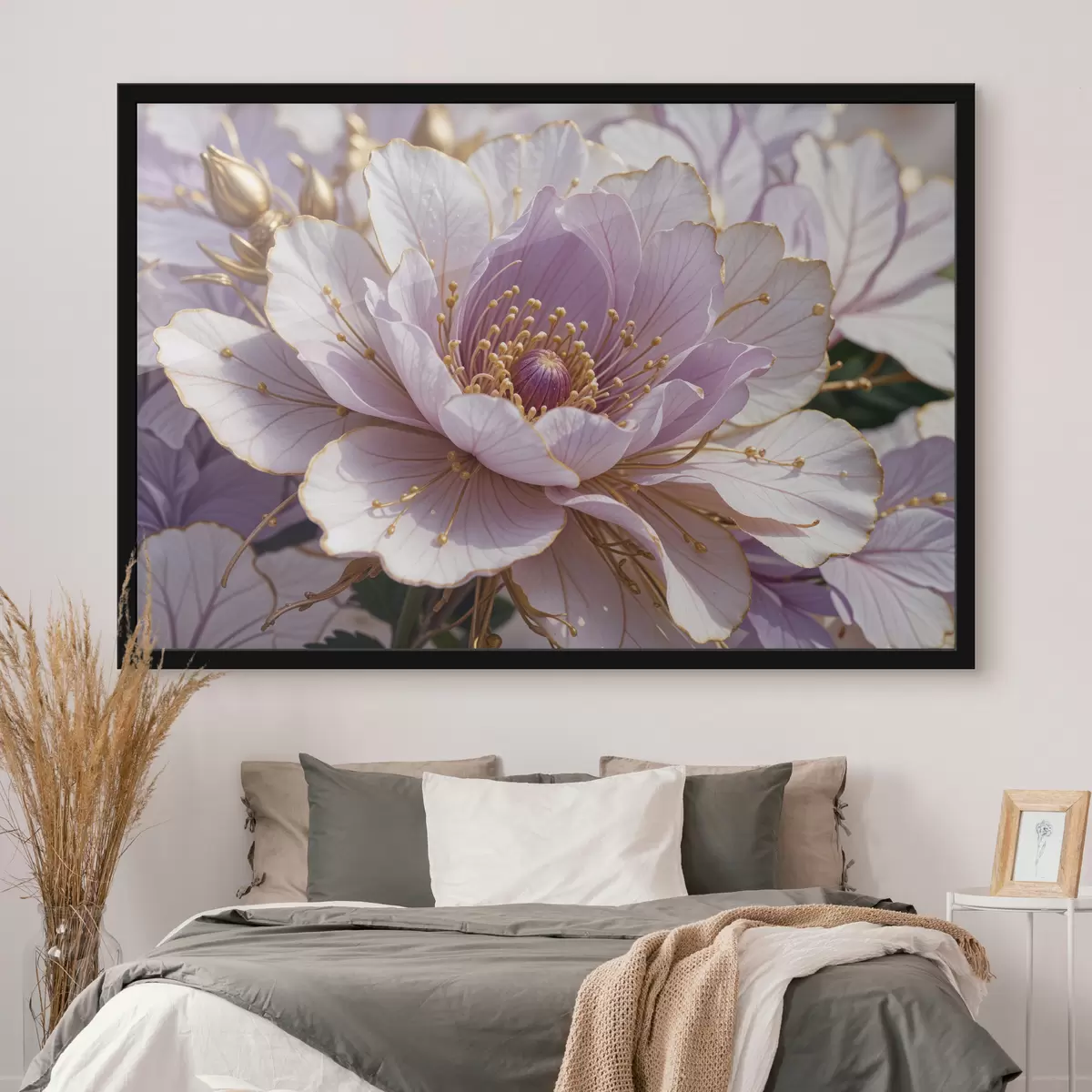 Poster Eine Nahaufnahme einer großen, blassrosa Pfingstrose mit zarten Blütenblättern und einer leuchtend gelben Mitte f40384