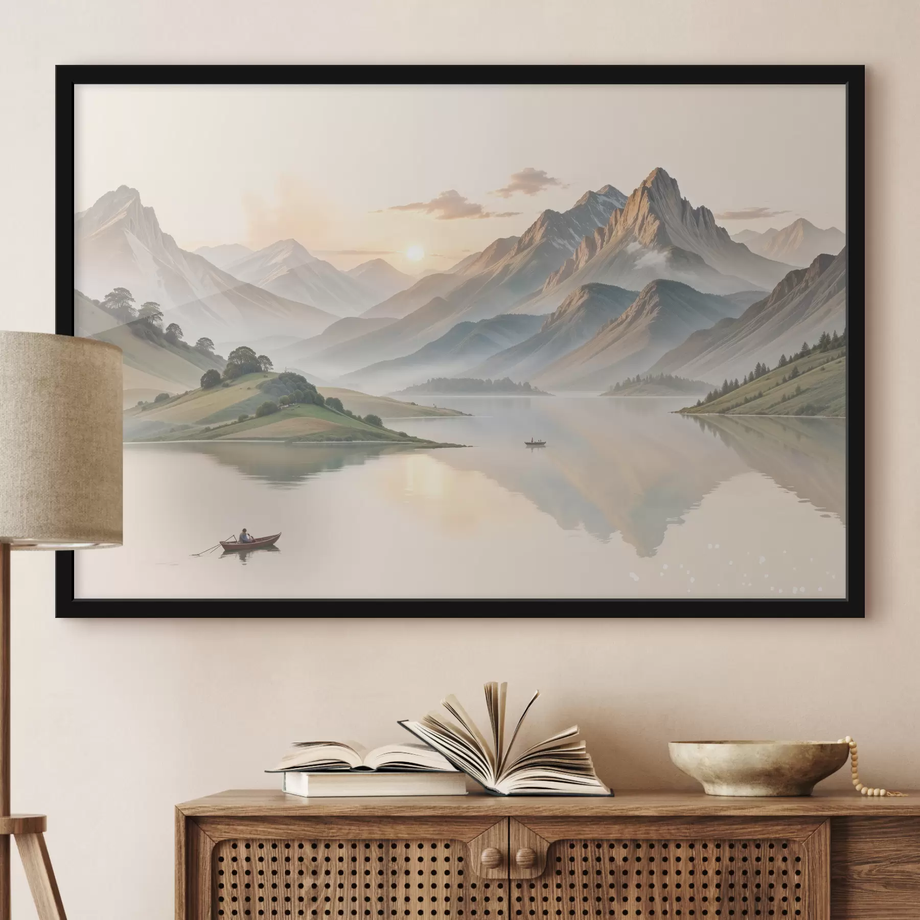 Fototapete Eine ruhige Landschaft mit einem See, in dessen Hintergrund sich Berge spiegeln, und einem kleinen Boot auf dem ruhigen Wasser f40391