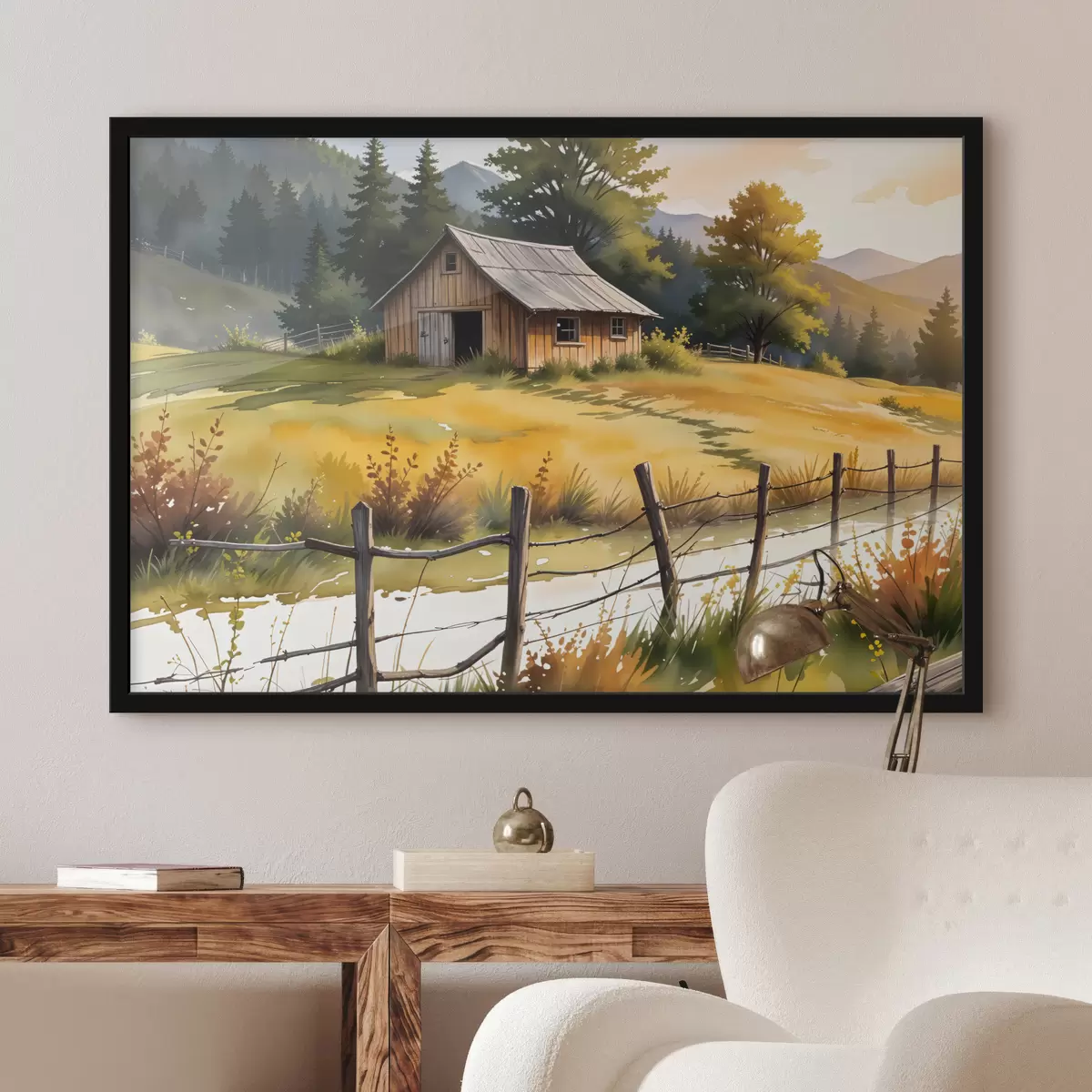 Poster Ein altes Holzhaus in ländlicher Umgebung, umgeben von einer Wiese, Pinien und Bergen f40394