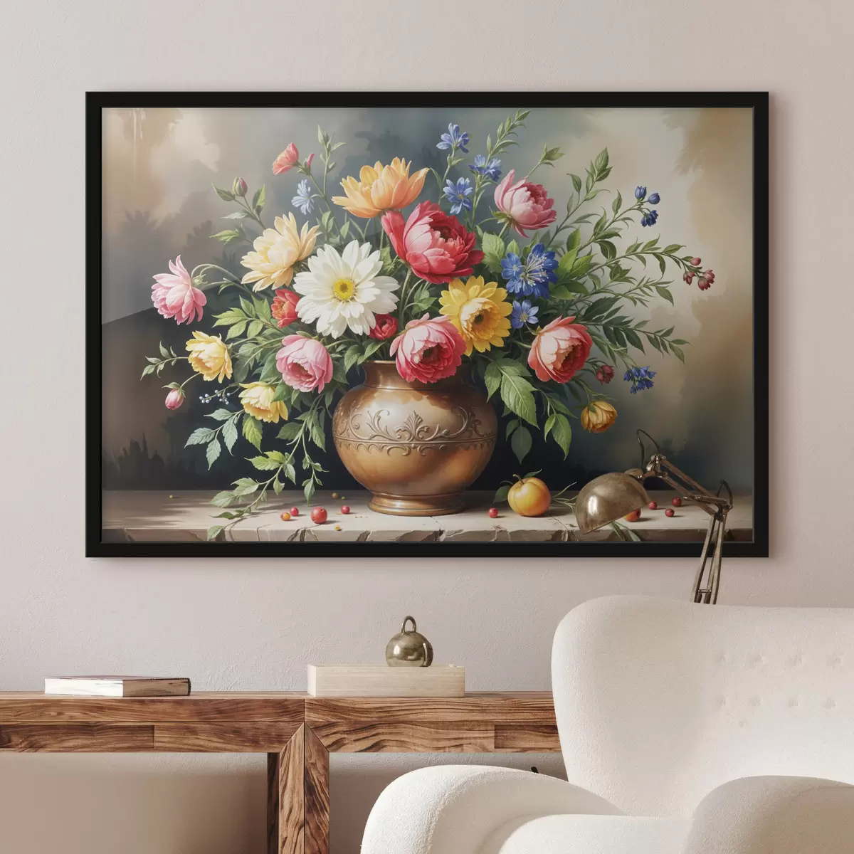 Poster Ein lebendiges Gemälde eines Straußes bunter Blumen, darunter rote Rosen, gelbe Narzissen und weiße Gänseblümchen f40395