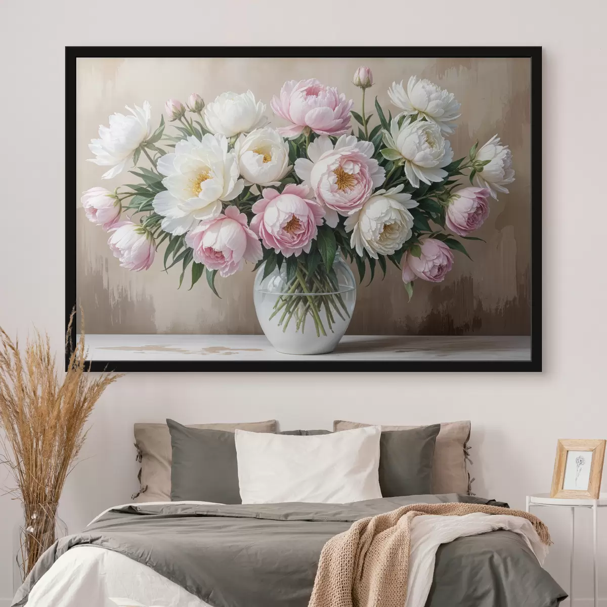 Poster Ein Strauß wunderschöner rosa und weißer Pfingstrosen in einer Glasvase, arrangiert auf einer Holzoberfläche f40398