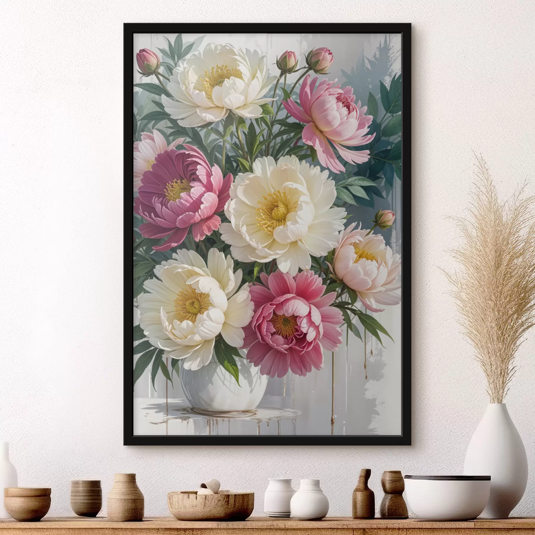 Fototapete Ein Strauß lebendiger Pfingstrosenblüten in verschiedenen Rosa-, Weiß- und Gelbtönen mit Farbspritzern f40403