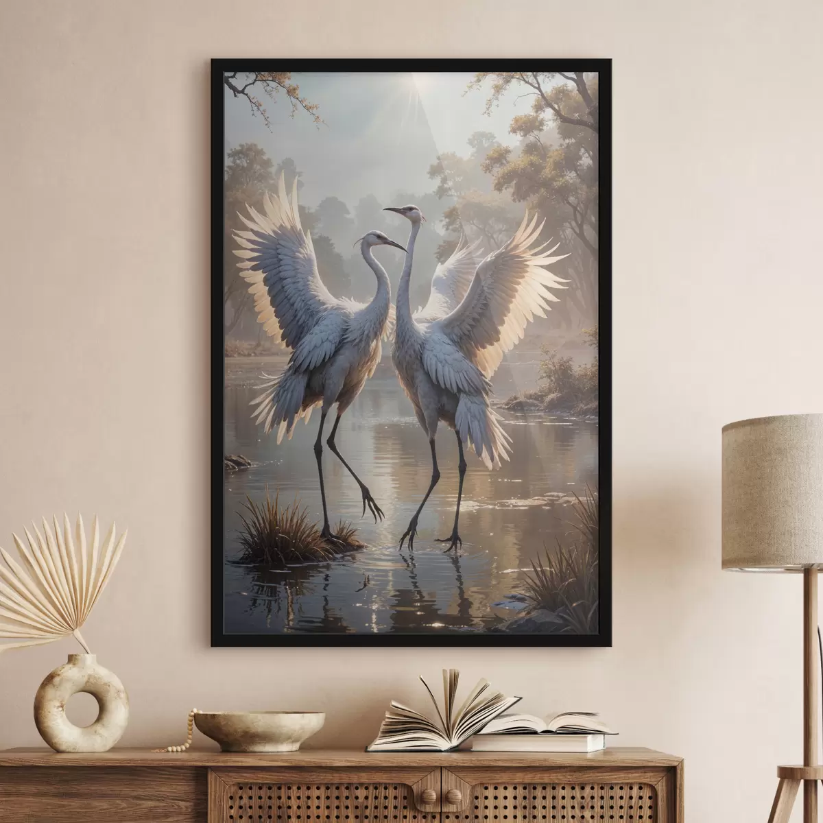 Poster Zwei große graue Kraniche mit langen Hälsen und ausgebreiteten Flügeln stehen in einem nebligen See, umgeben von Bäumen f40404