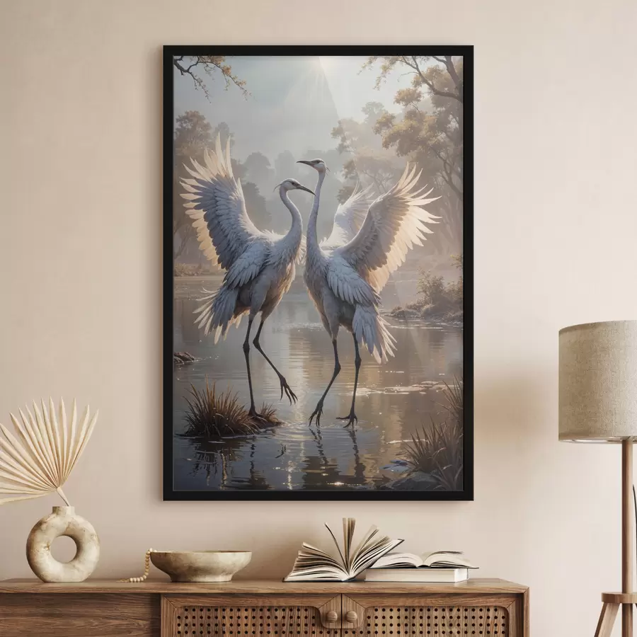 Fototapete Zwei große graue Kraniche mit langen Hälsen und ausgebreiteten Flügeln stehen in einem nebligen See, umgeben von Bäumen f40404