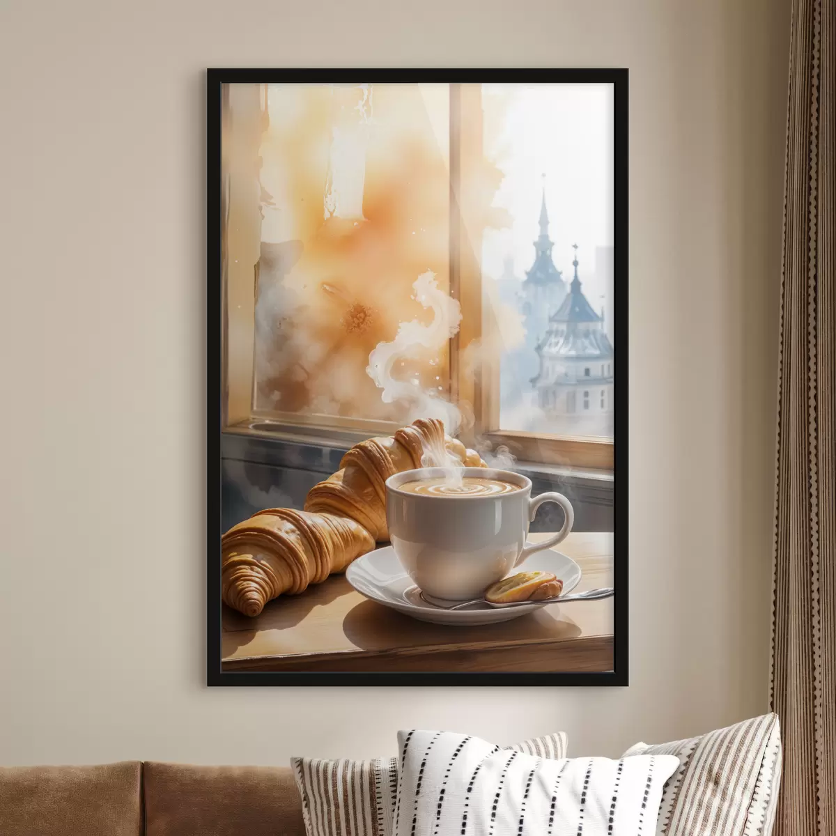 Poster Eine warme Tasse Kaffee mit aufsteigendem Dampf, auf einem Tisch neben einem Croissant platziert, mit Blick auf ein historisches Gebäude f40405