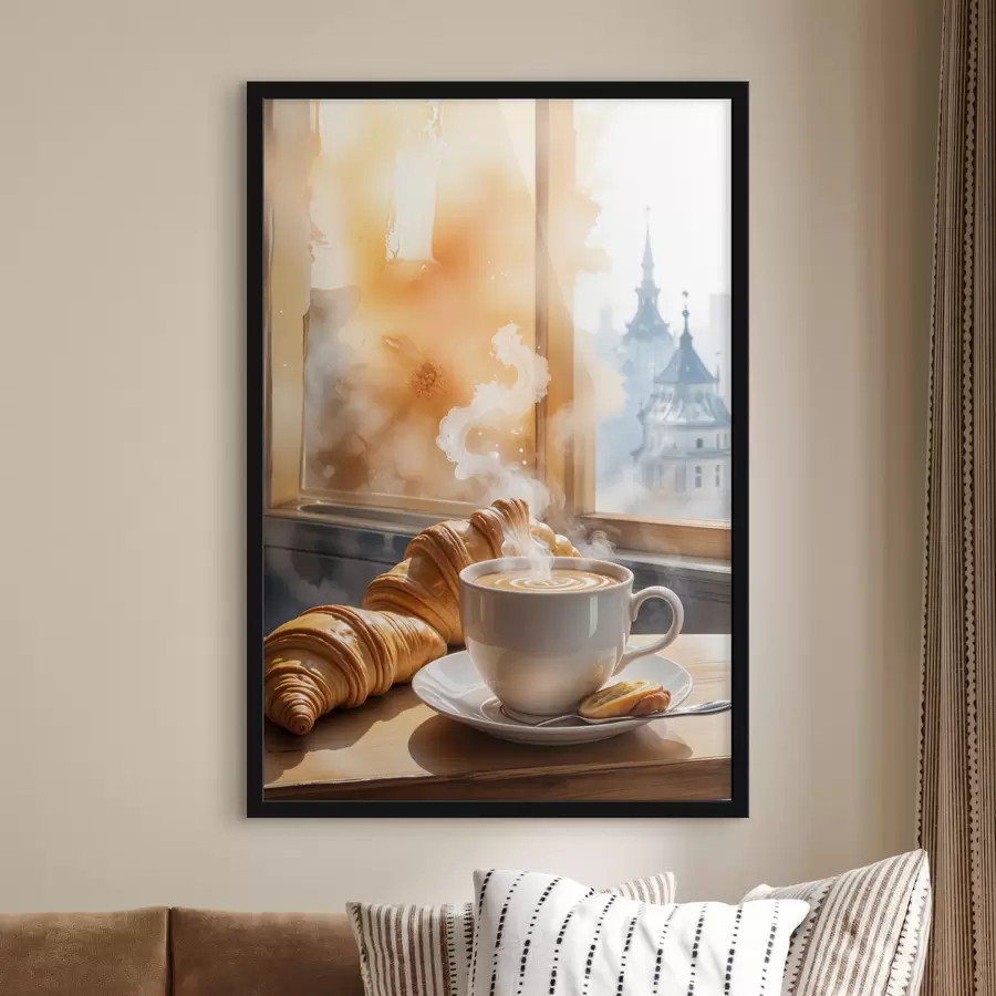 Fototapete Eine warme Tasse Kaffee mit aufsteigendem Dampf, auf einem Tisch neben einem Croissant platziert, mit Blick auf ein historisches Gebäude f40405