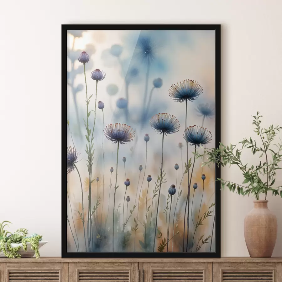 Fototapete Hohe violette Löwenzahn-ähnliche Blüten mit verschwommenem Hintergrund, die eine heitere und verträumte Atmosphäre schaffen f40414