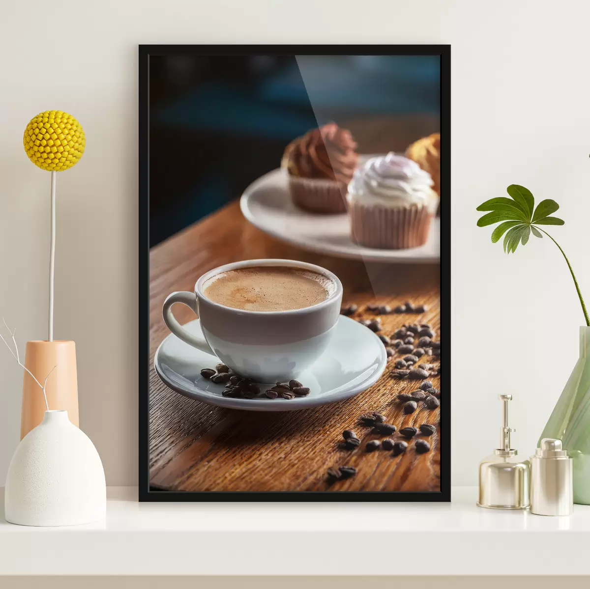 Poster Tasse Kaffee, Kaffeebohnen, Kuchen, Stillleben f40417