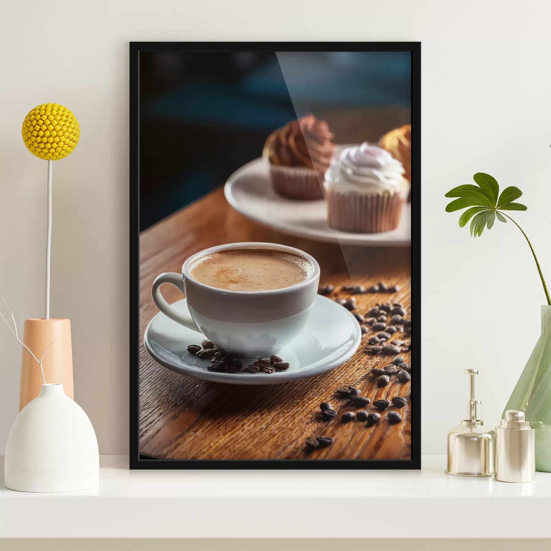 Fototapete Tasse Kaffee, Kaffeebohnen, Kuchen, Stillleben f40417