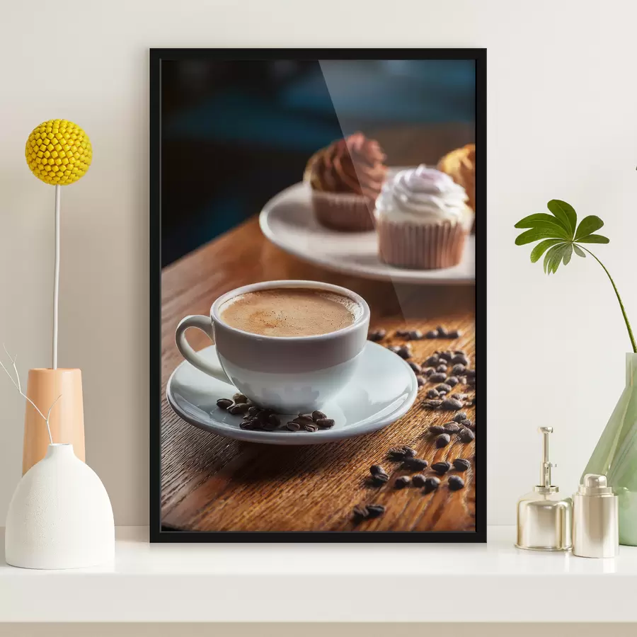 Fototapete Tasse Kaffee, Kaffeebohnen, Kuchen, Stillleben f40417