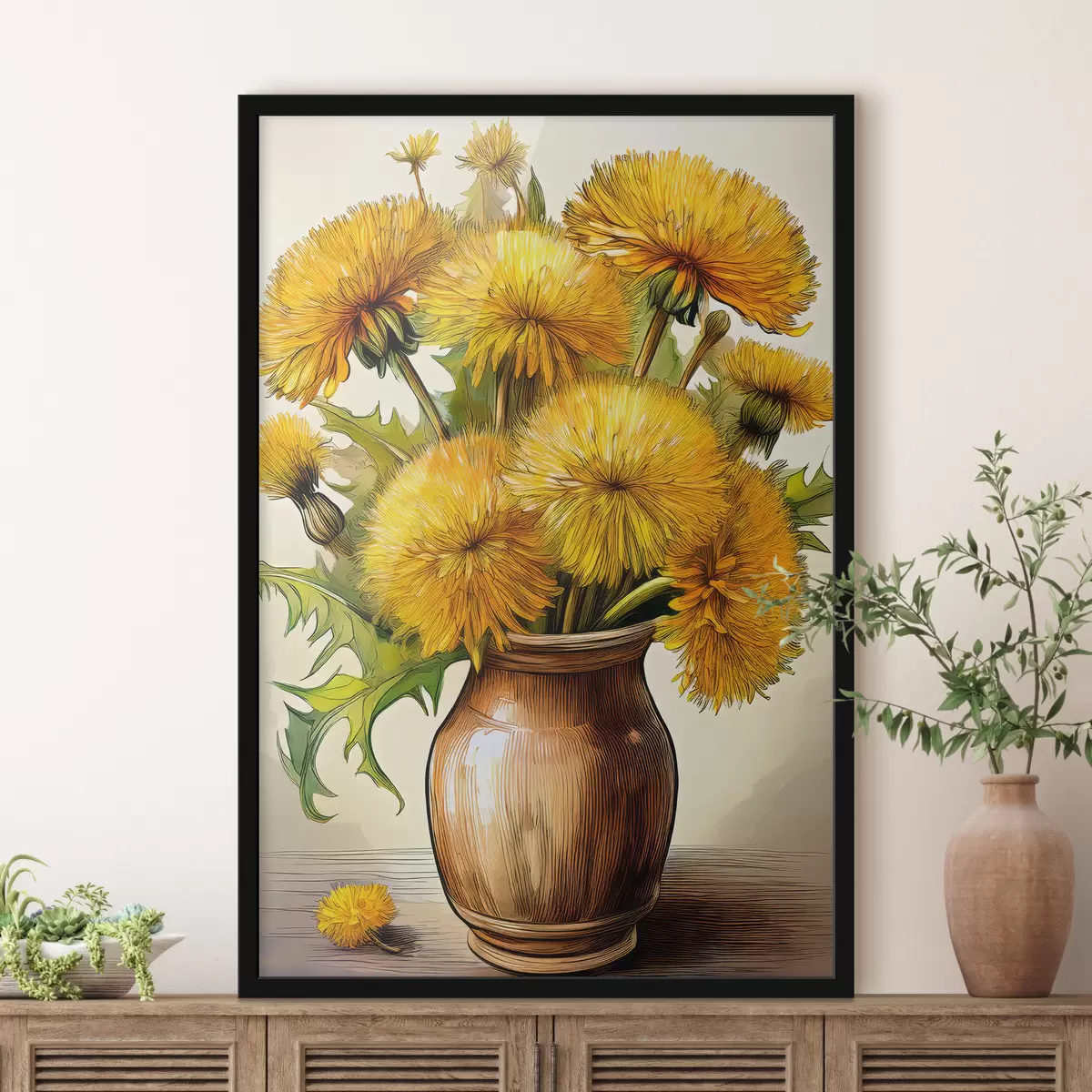 Poster Löwenzahn, Löwenzahnstrauß in einer Vase, gelber Löwenzahn f40418