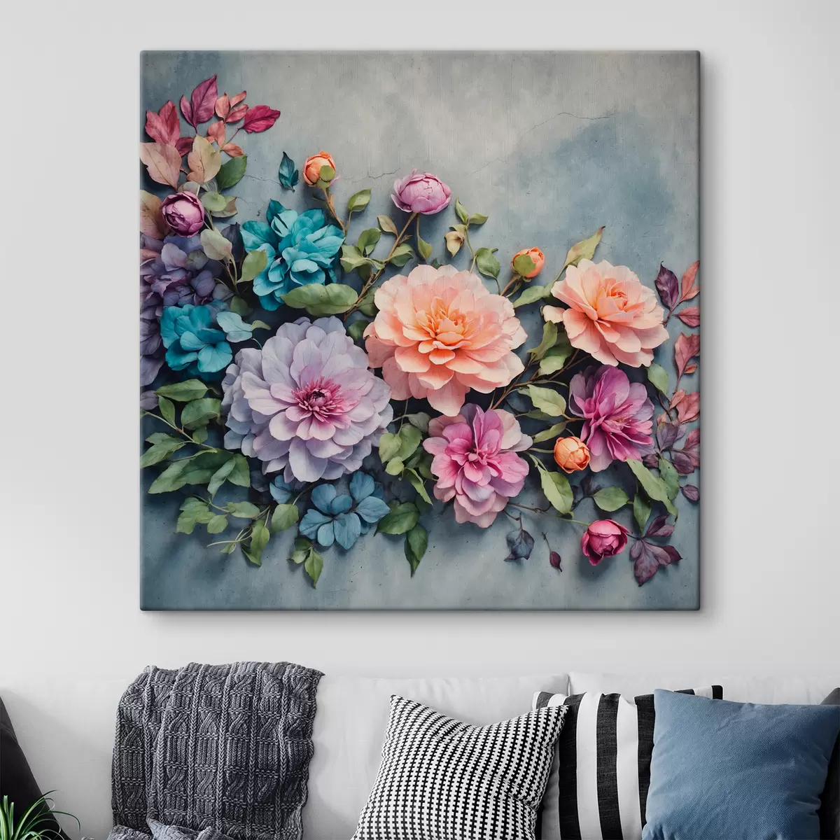 Wandbilder Blumen und Blätter auf blauem Hintergrund s40346