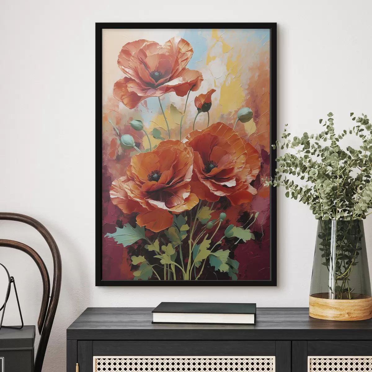 Poster Mohnblumen auf abstraktem Acrylhintergrund f40323