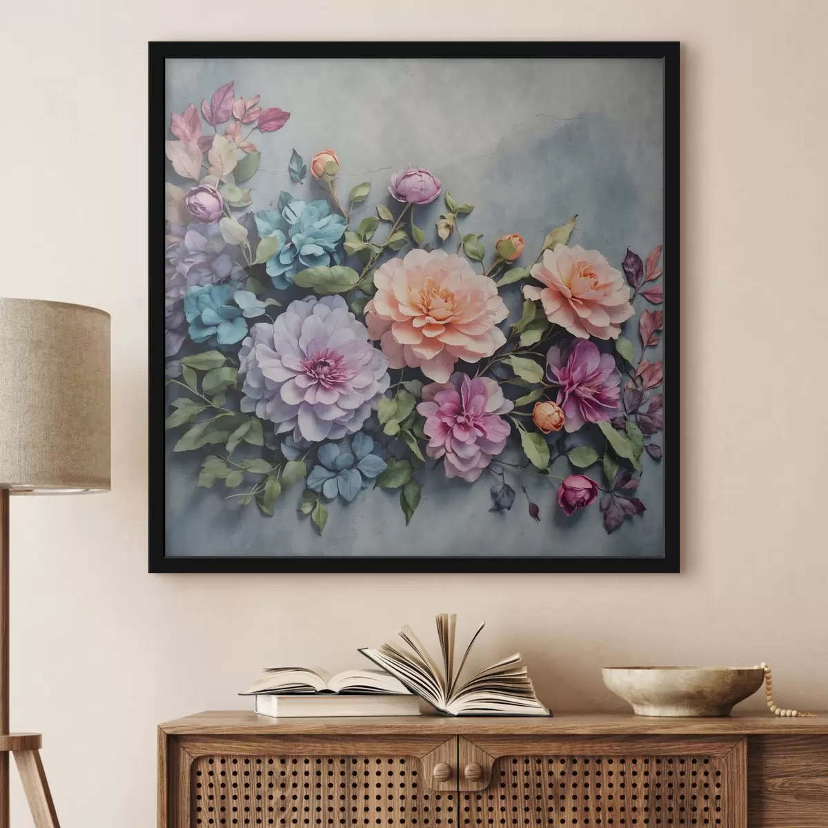 Poster Blumen und Blätter auf blauem Hintergrund f40346