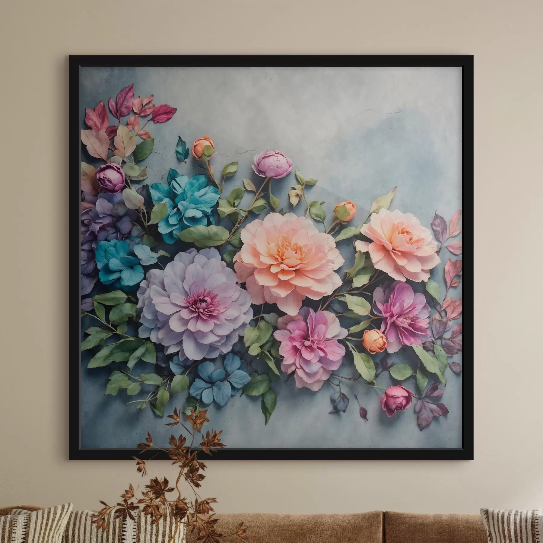 Fototapete Blumen und Blätter auf blauem Hintergrund f40346