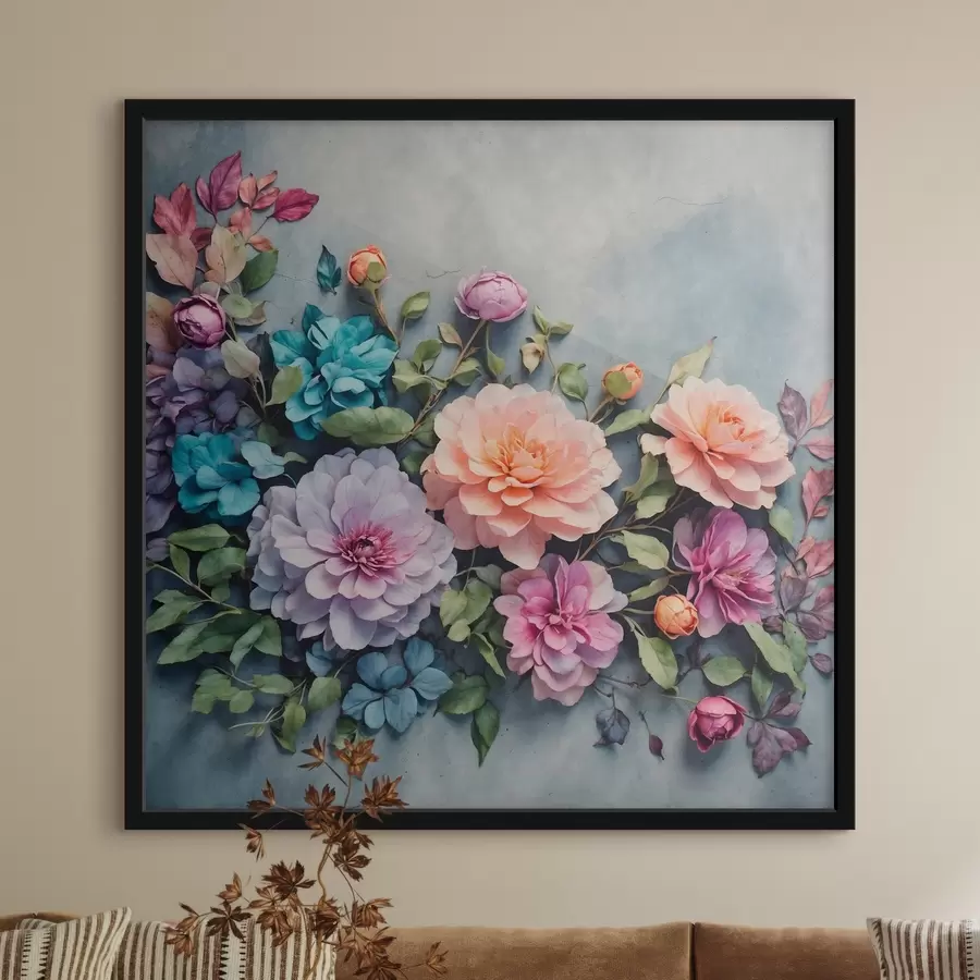 Fototapete Blumen und Blätter auf blauem Hintergrund f40346