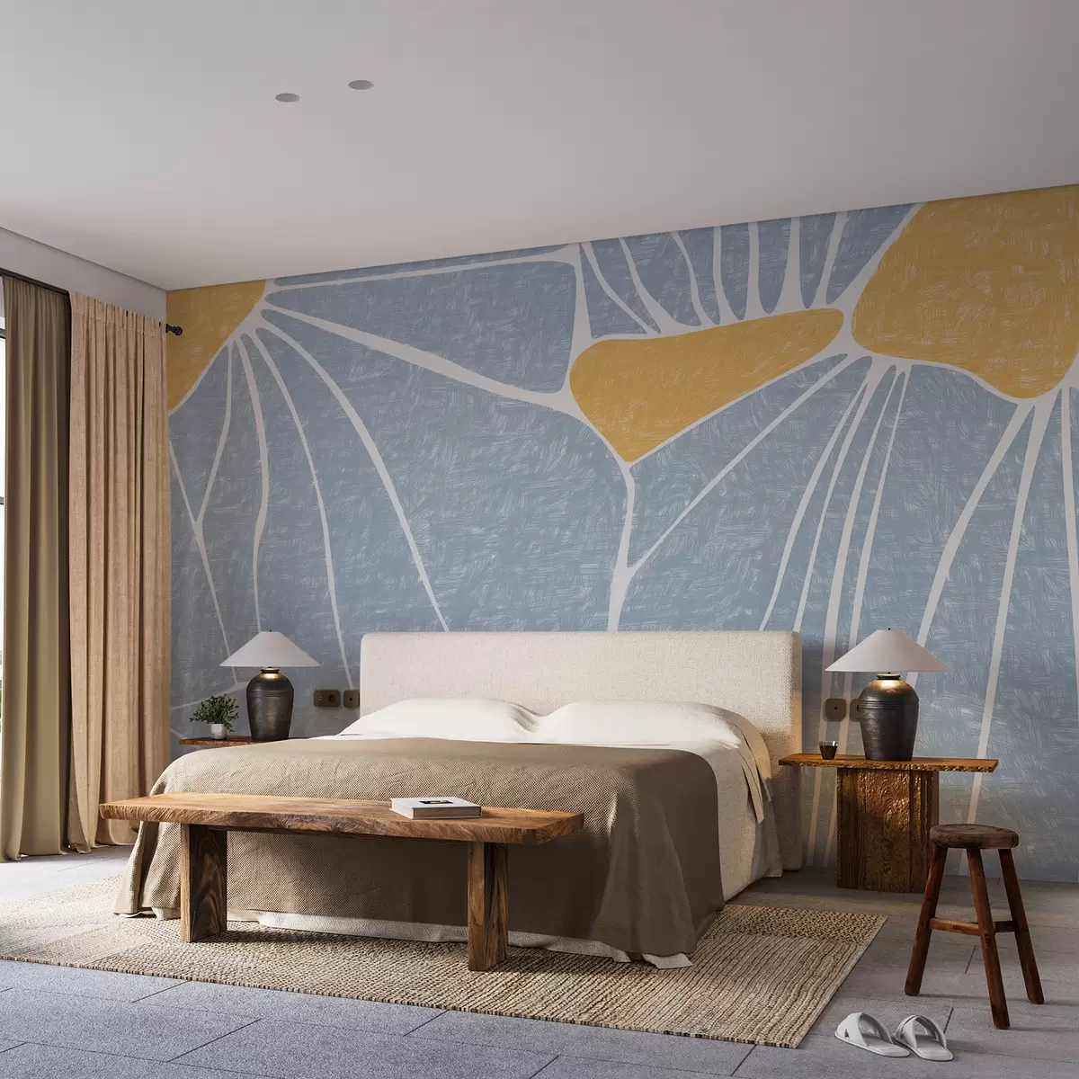 Fototapete Abstraktes Blumenmuster, gelb und blau, strukturiert w01007