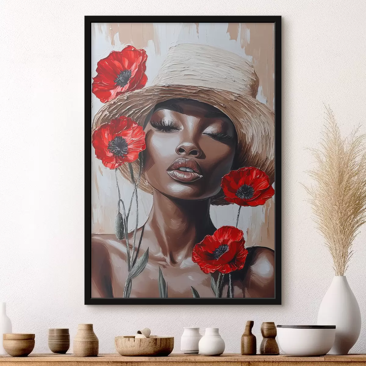 Poster Porträt einer Frau mit Hut und roten Mohnblumen f40350