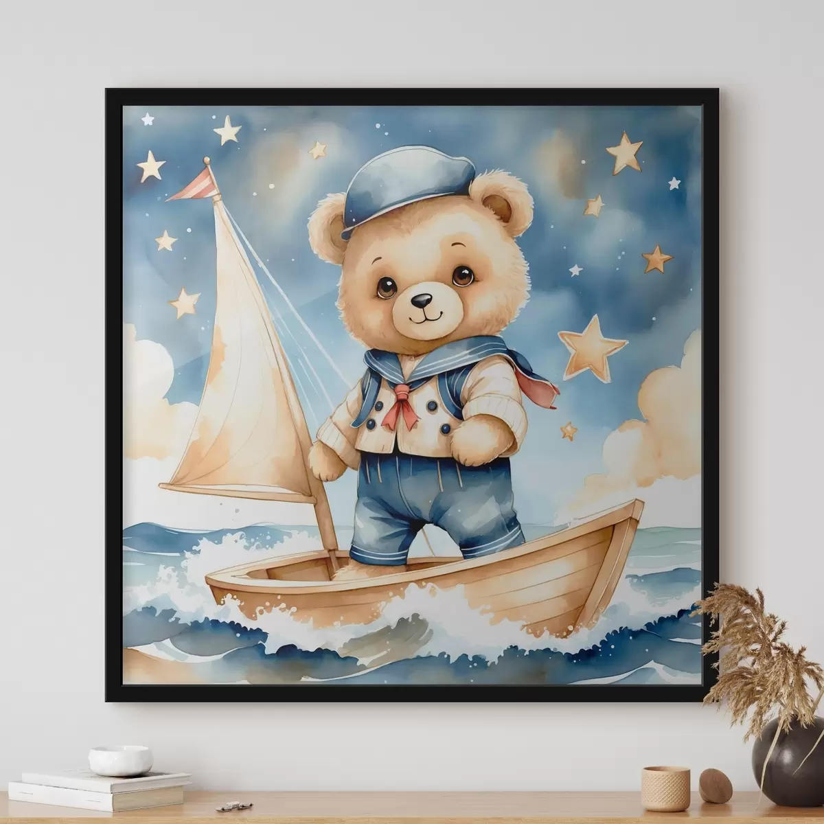 Poster Eine niedliche Aquarell Teddybär in einem Boot mit Sternen in den Himmel f40429