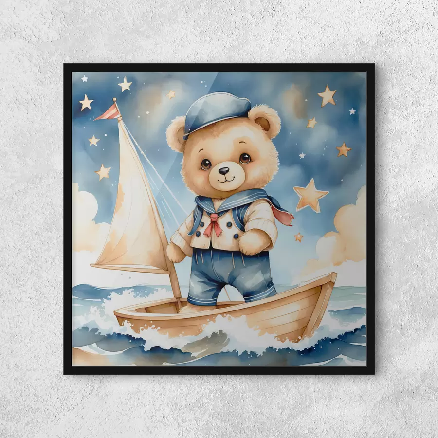 Fototapete Eine niedliche Aquarell Teddybär in einem Boot mit Sternen in den Himmel f40429