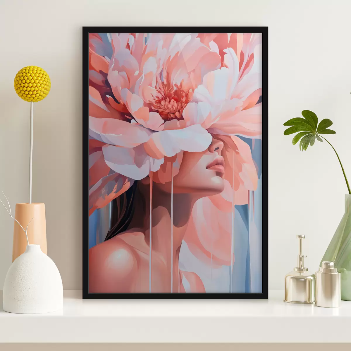 Poster Porträt einer Frau mit einer großen rosa Blume auf dem Kopf f40430