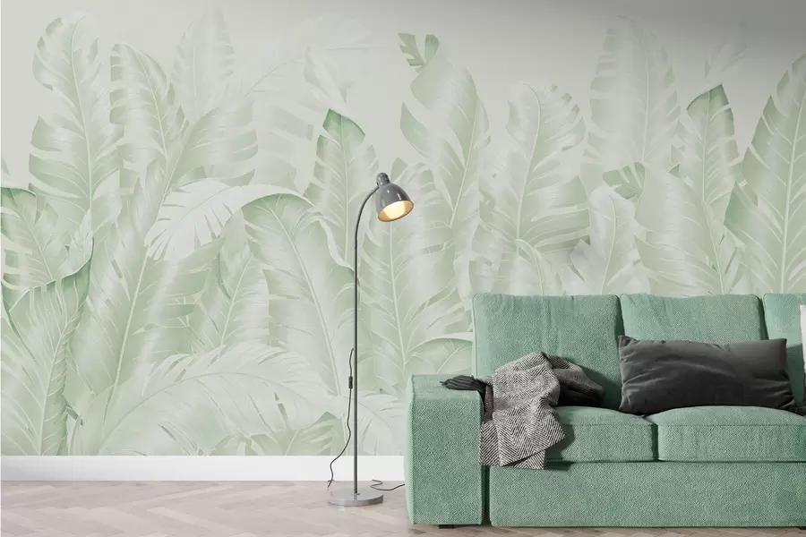 Fototapete Trendy pastellfarbene tropische grüne Blätter w01481v2