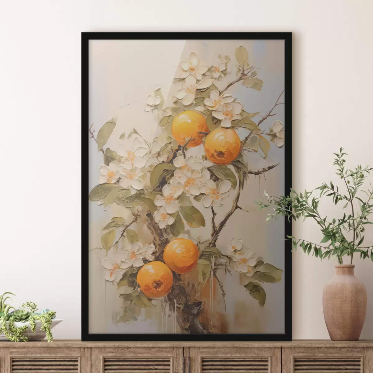 Poster Zweig mit weißen Blüten und Orangen auf graubeigem Hintergrund f40486