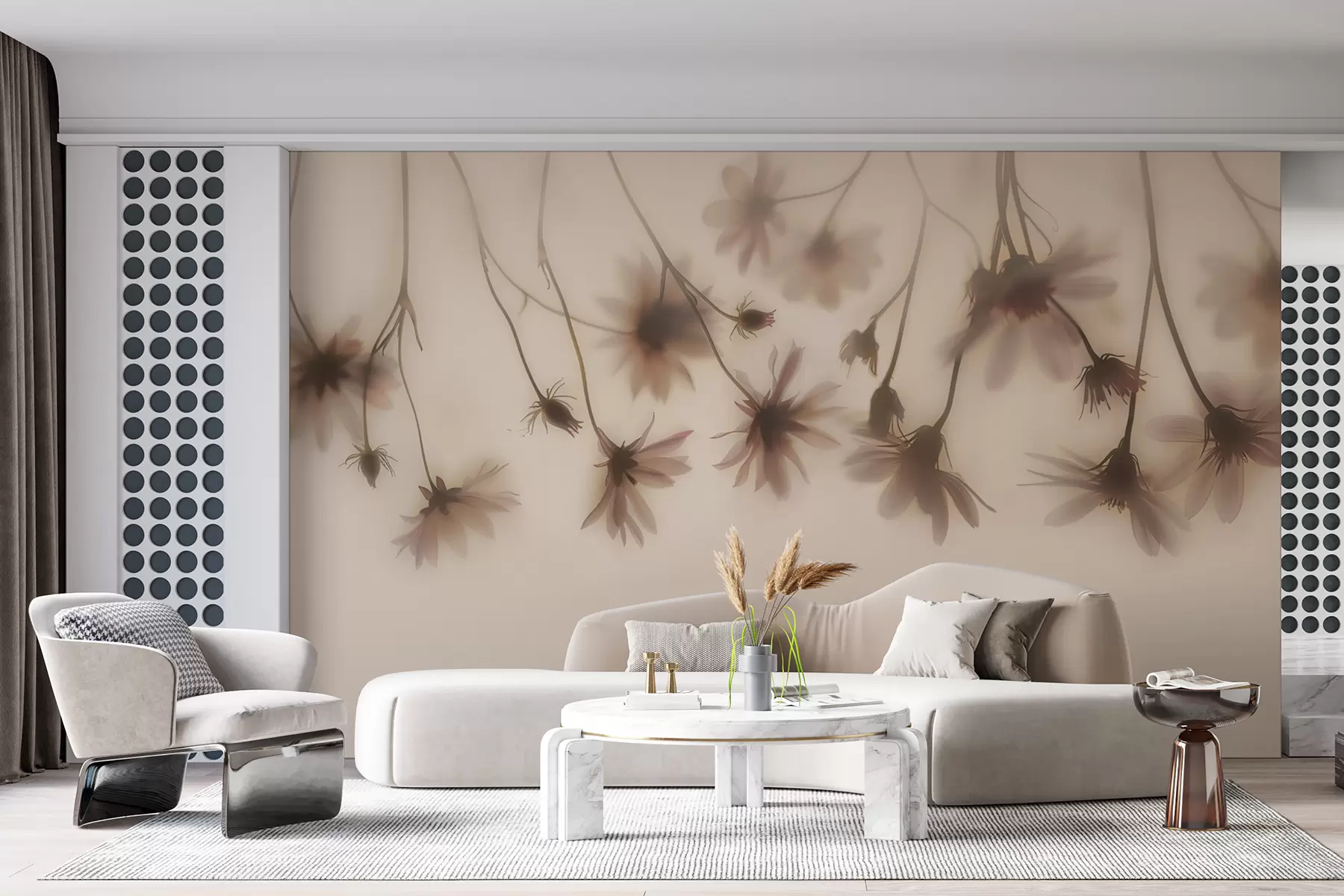 Fototapete Zarte Blüten im Nebel hängen von oben in rosa Farben w01469