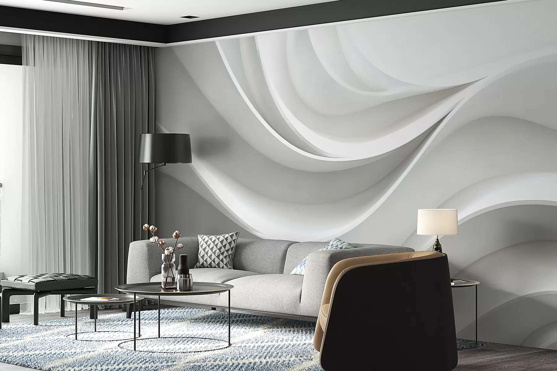 Fototapete Weiße 3D-volumetrische abstrakte Wellenform w01471