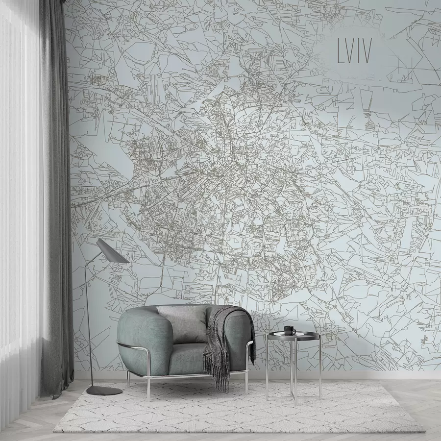 Fototapete Vergrößertes Kartenporträt-Wandbild der Stadt Lviv auf hellblauem Hintergrund w01023