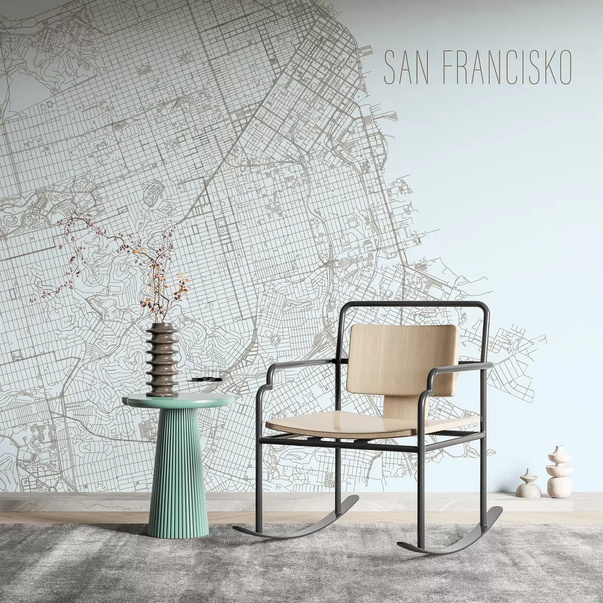 Fototapete Vergrößertes Kartenporträt-Wandbild der Stadt San Francisco auf hellblauem Hintergrund w01025