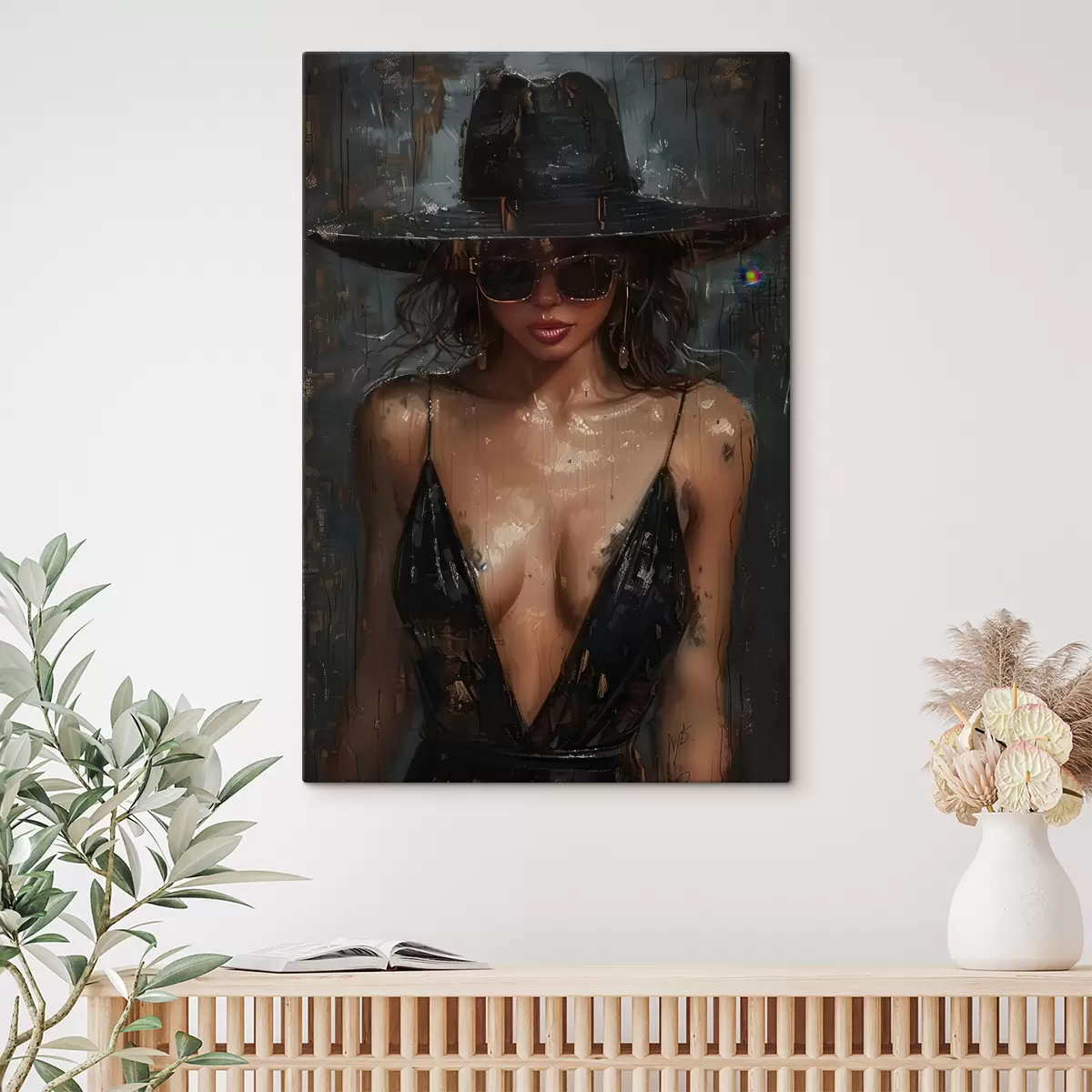 Wandbilder Mädchen im schwarzen Kleid und schwarzen Hut s40441