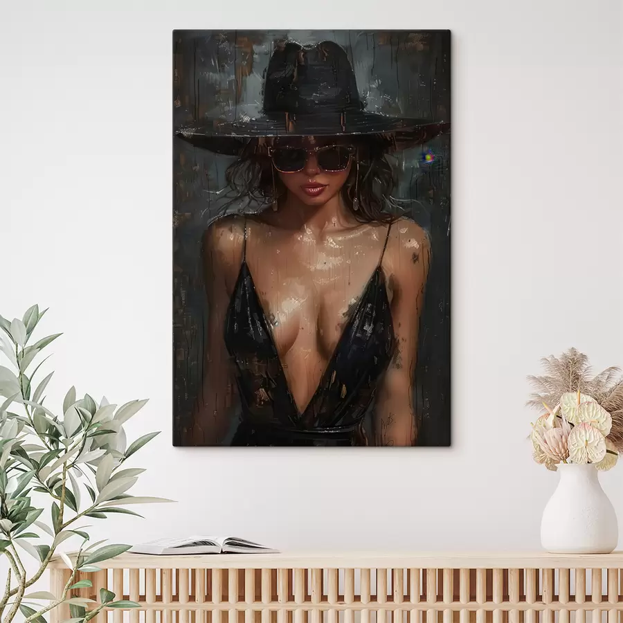 Wandbilder Mädchen im schwarzen Kleid und schwarzen Hut s40441