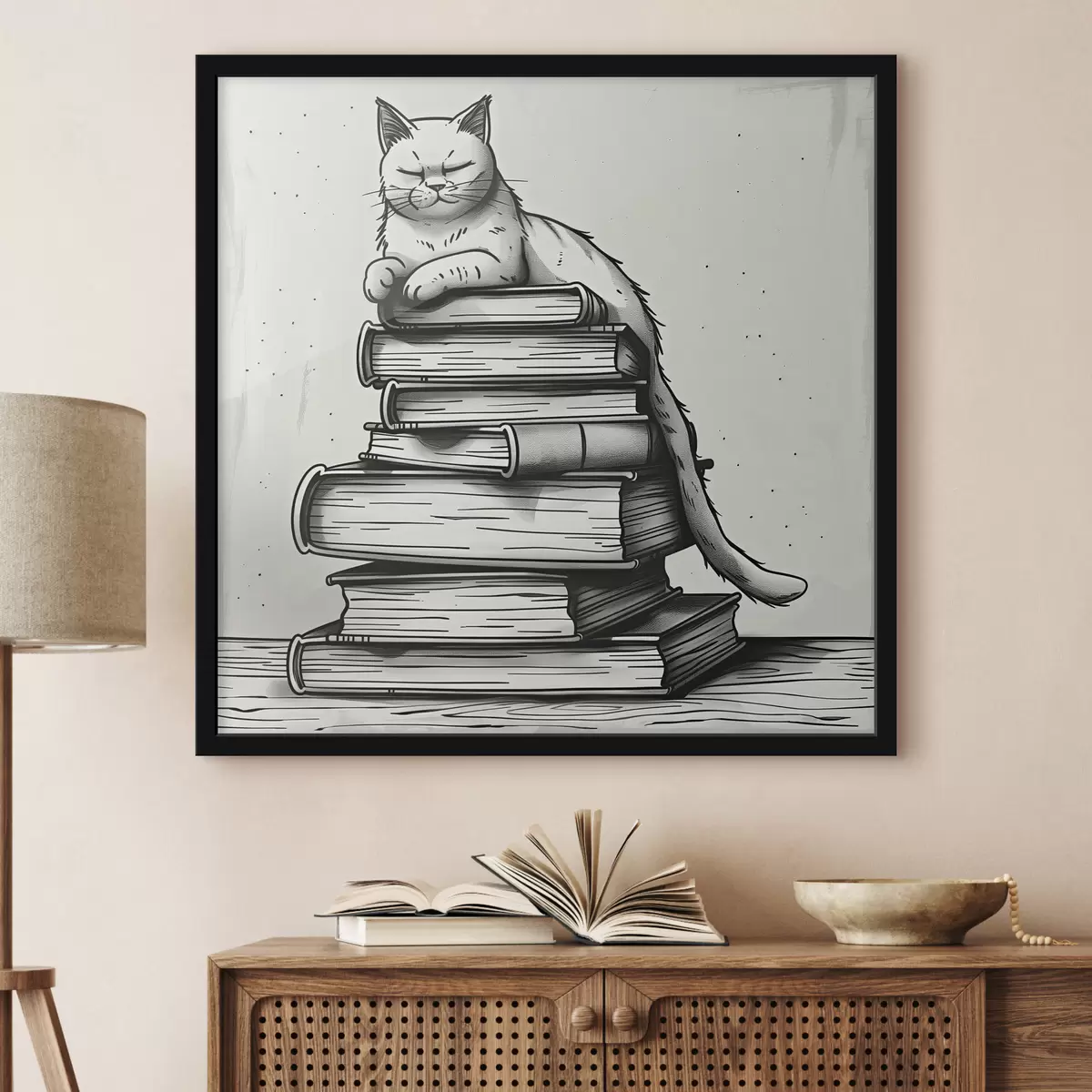 Poster Schwarz-weiße Katze auf einem Stapel Bücher f40435