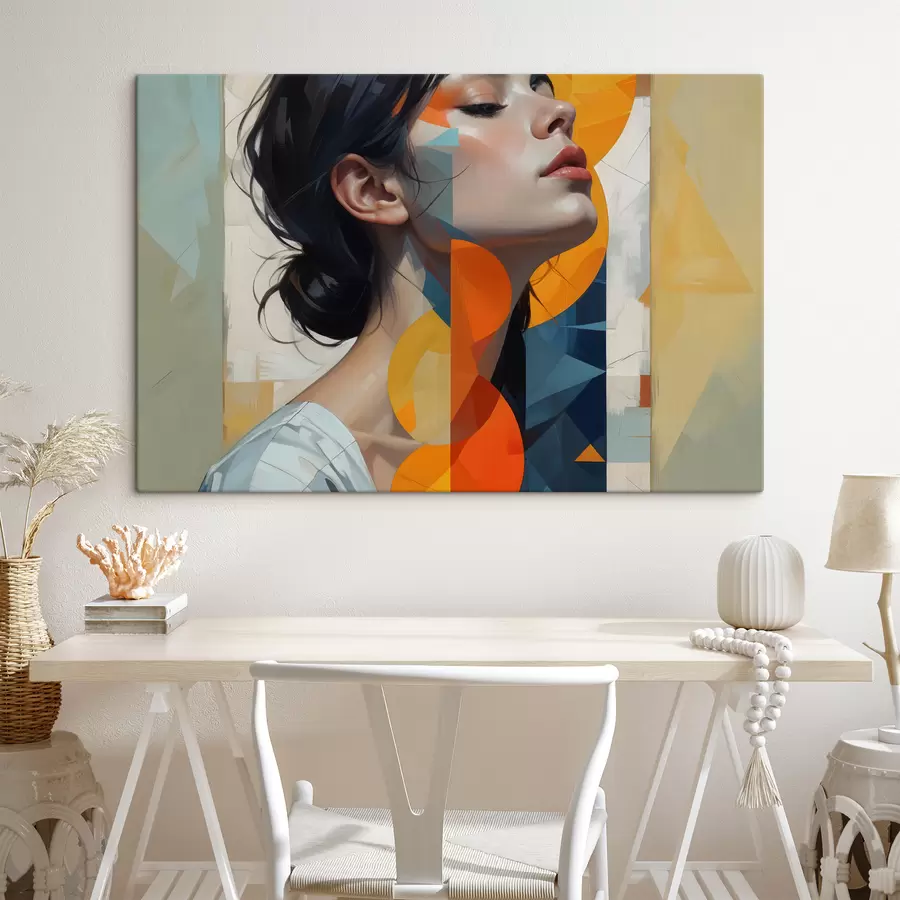 Wandbilder Abstraktes Gemälde einer Frau mit langen dunklen Haaren, die ein weißes Hemd mit buntem geometrischem Aufdruck trägt s40543