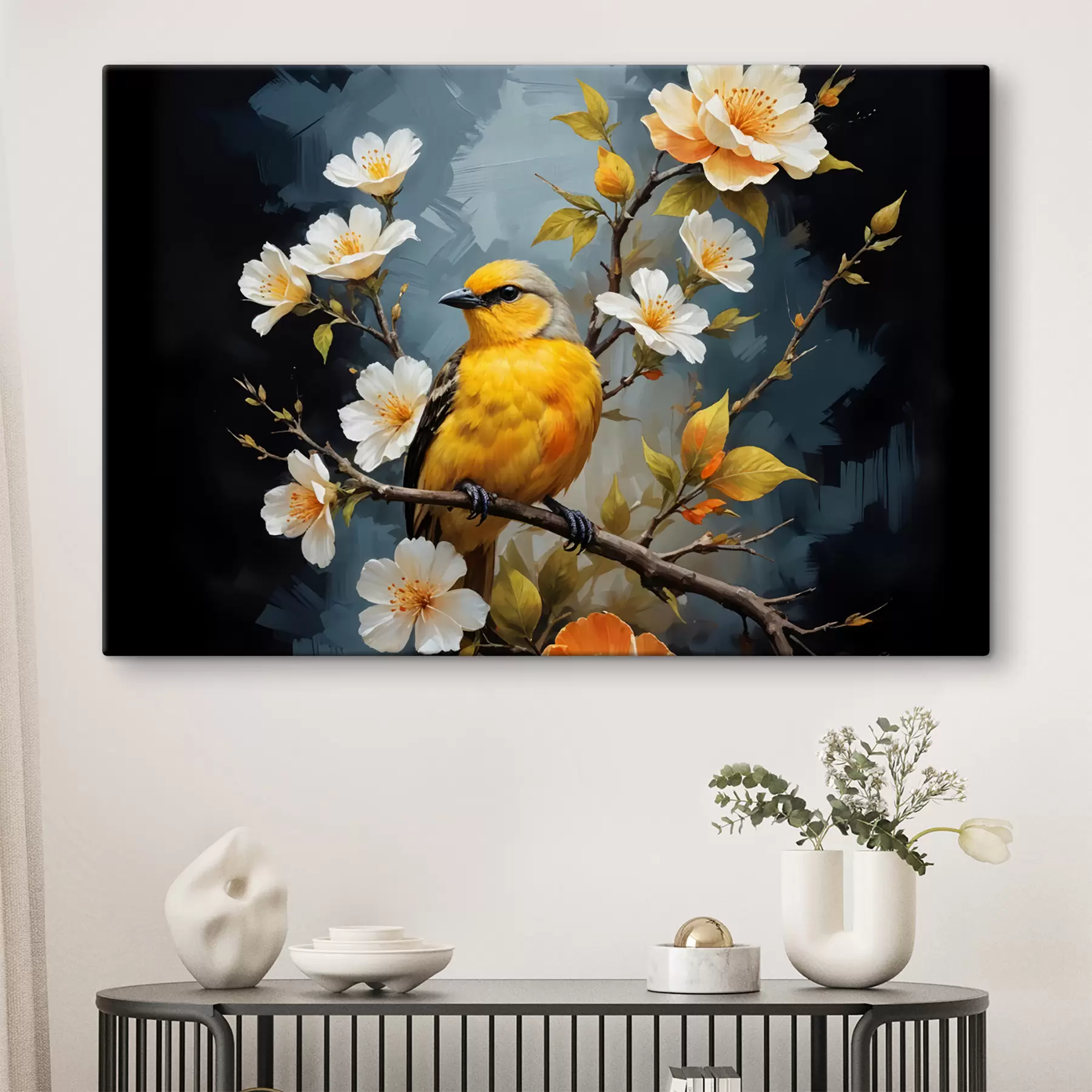 Fototapete Ein gelber Vogel auf einem Ast mit weißen und orangefarbenen Blüten im Hintergrund s40550