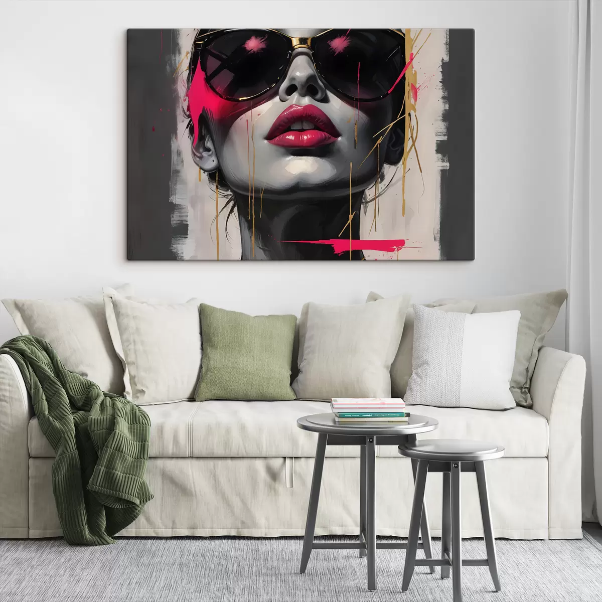 Wandbilder Abstraktes Porträt einer jungen Frau mit Sonnenbrille, rosa Lippen, abstrakten Formen und Spritzern in Rosa s40558
