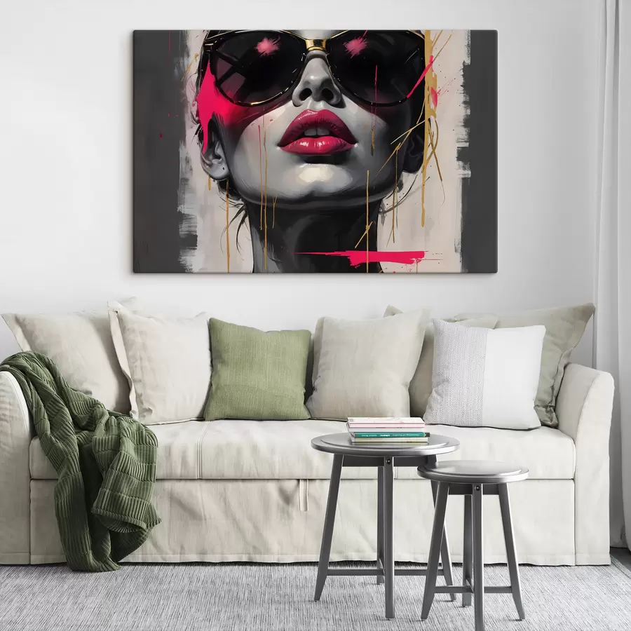 Wandbilder Abstraktes Porträt einer jungen Frau mit Sonnenbrille, rosa Lippen, abstrakten Formen und Spritzern in Rosa s40558