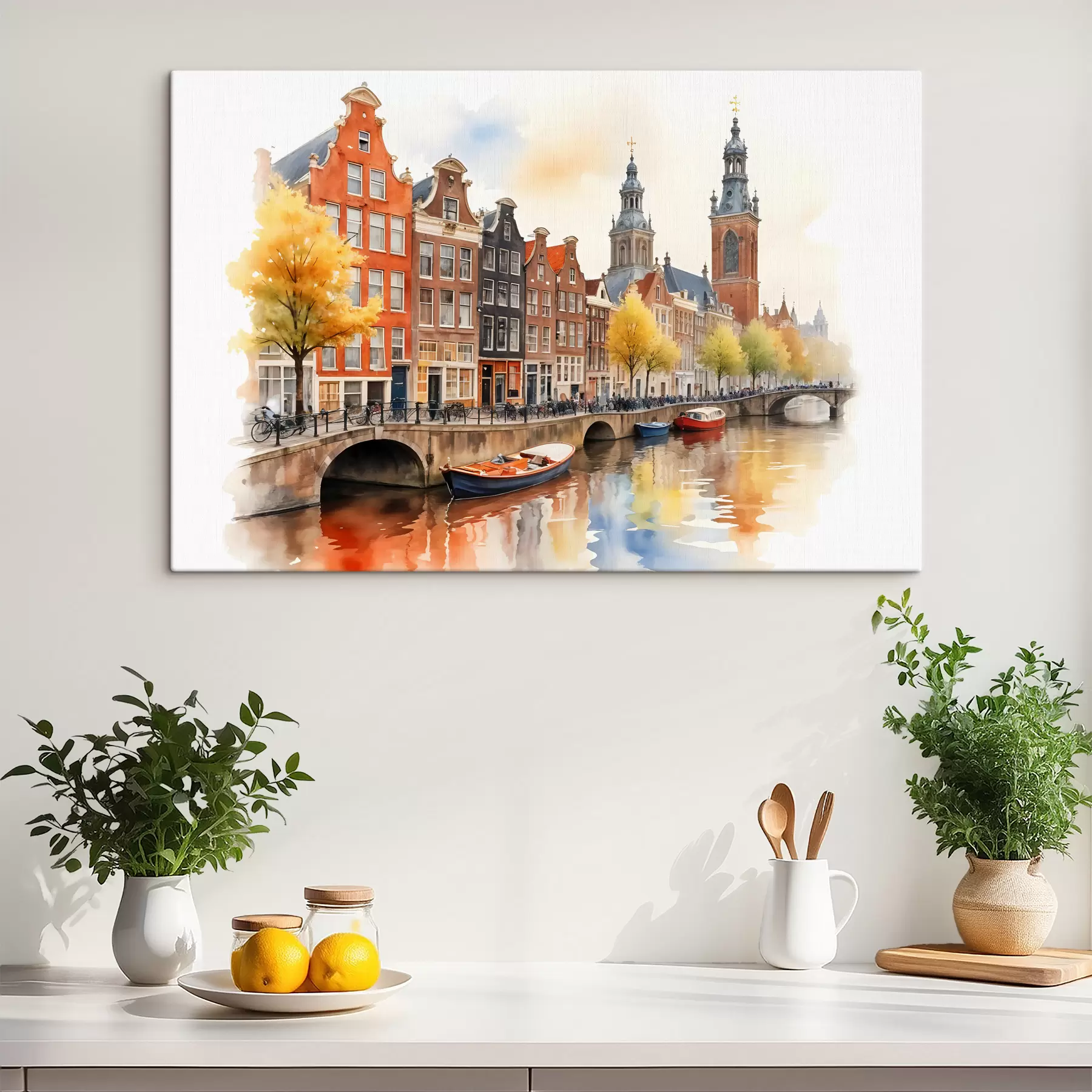Wandbilder Eine farbenfrohe Aquarell-Stadtansicht von Amsterdam mit traditionellen niederländischen Grachtenhäusern und Booten auf dem Wasser s40561