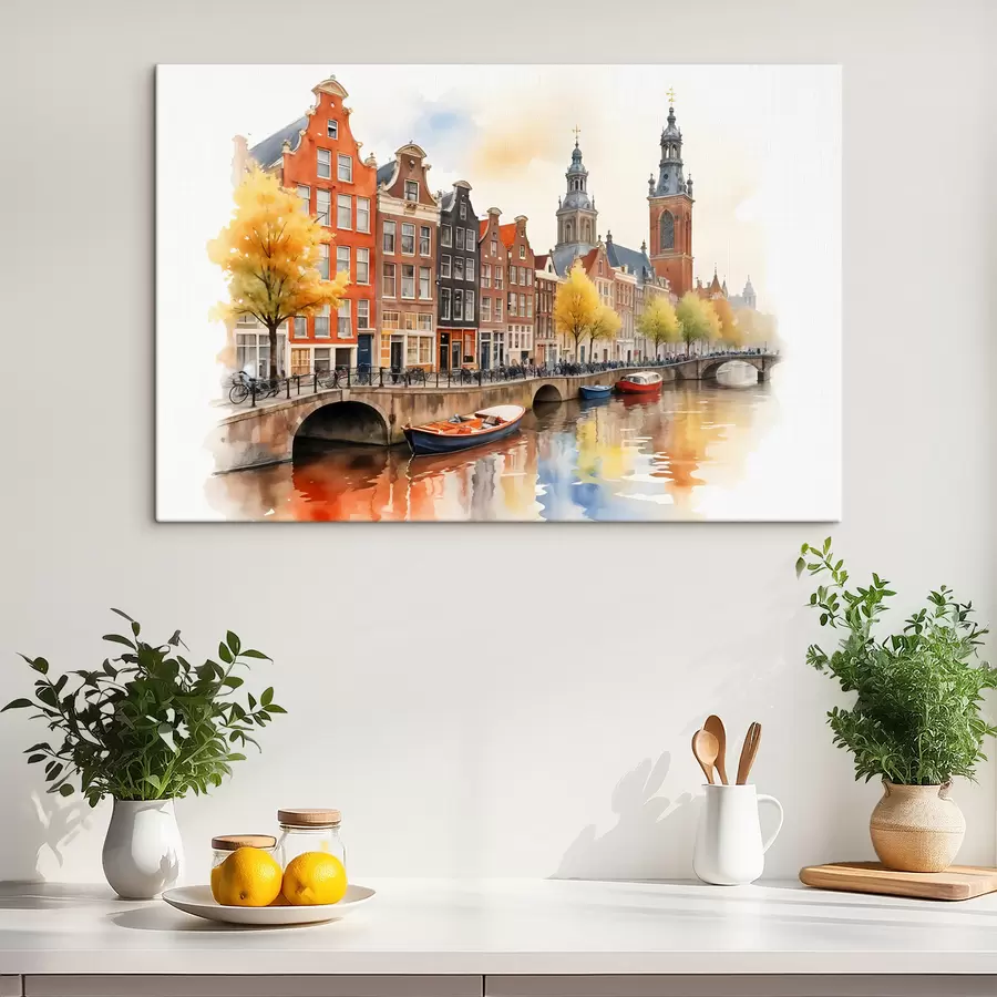 Wandbilder Eine farbenfrohe Aquarell-Stadtansicht von Amsterdam mit traditionellen niederländischen Grachtenhäusern und Booten auf dem Wasser s40561