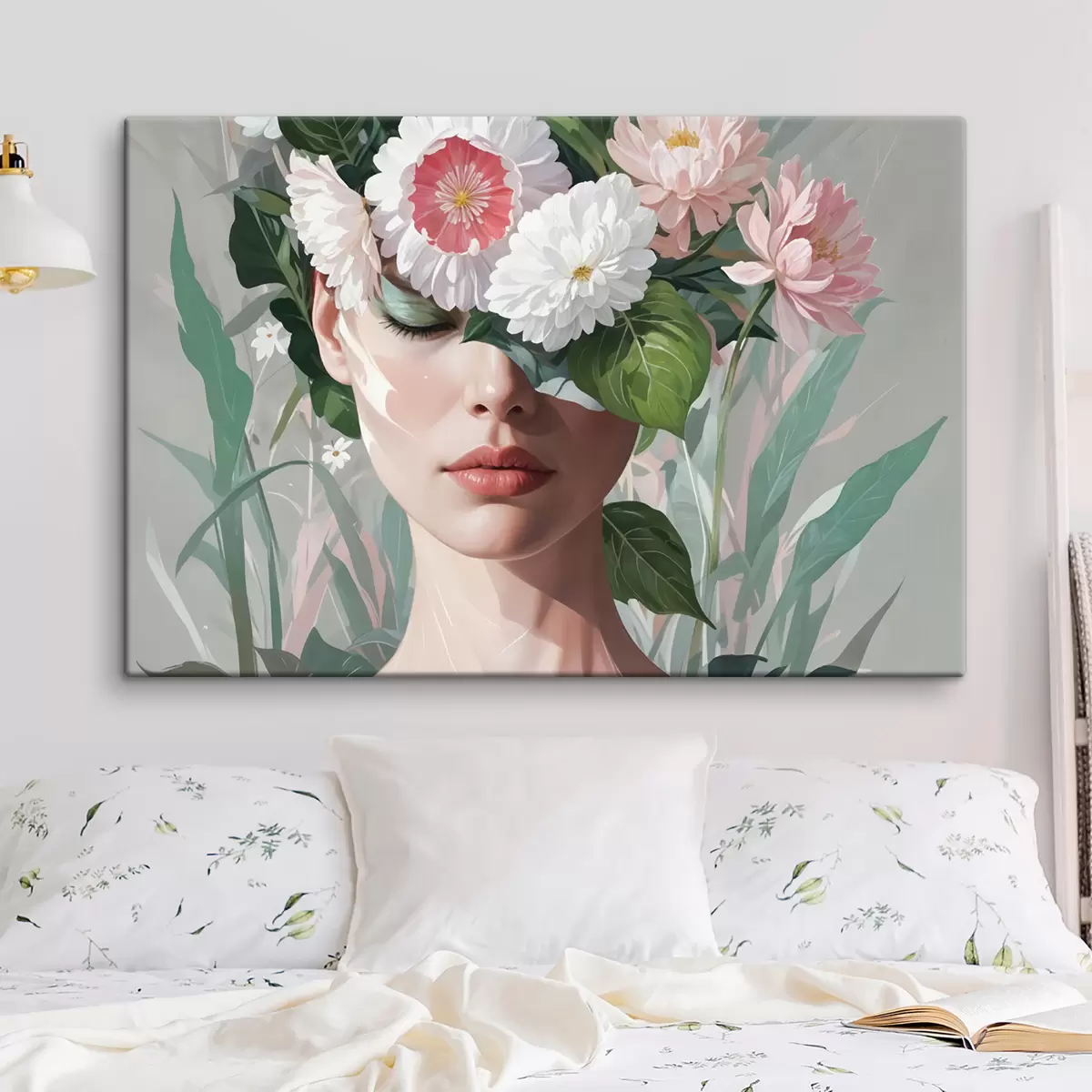 Wandbilder Eine Frau, die teilweise durch einen Strauß großer rosa und weißer Blumen vor einem grünen, belaubten Hintergrund verdeckt wird s40567