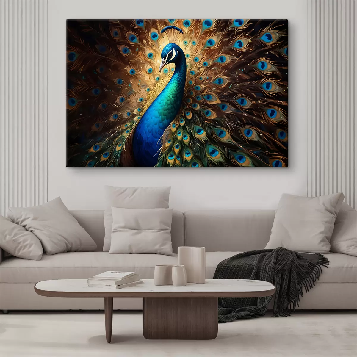 Wandbilder Ein lebhafter Pfau mit vollständig entfalteten Federn, der sein atemberaubendes blaues, grünes Gefieder zur Schau stellt s40571