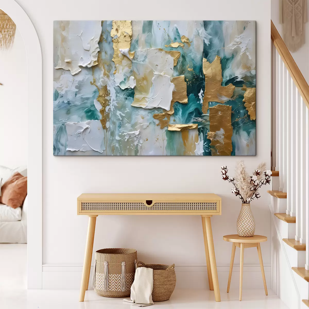 Wandbilder Abblätternde Farbe mit Schichten aus weißen, blauen und gelben Farben, die einen abstrakten, strukturierten Druck erzeugen s40577