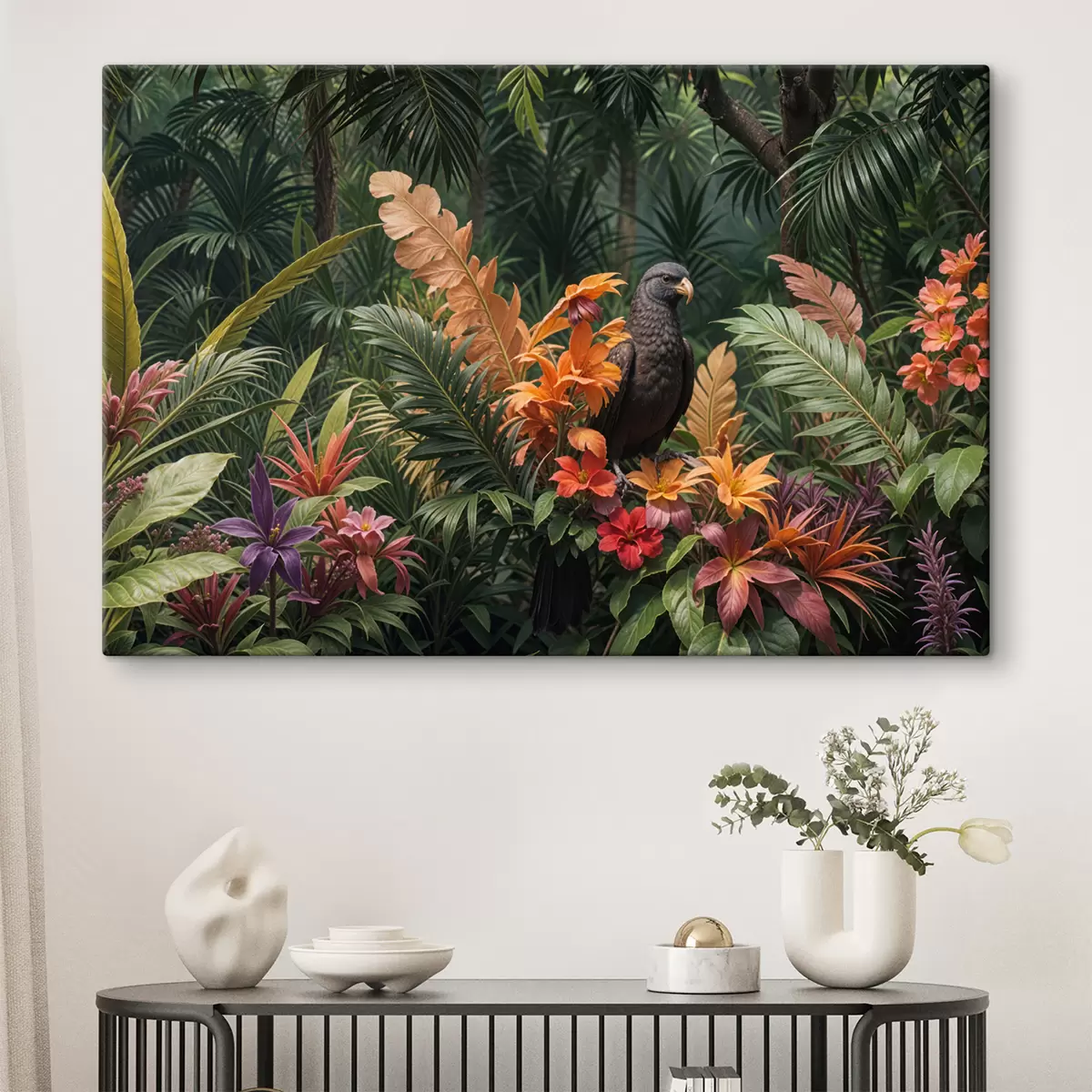 Wandbilder Tropischer Vogel auf einem Ast, umgeben von leuchtendem Laub, Palmblättern, Blumen und exotischen Pflanzen s40578