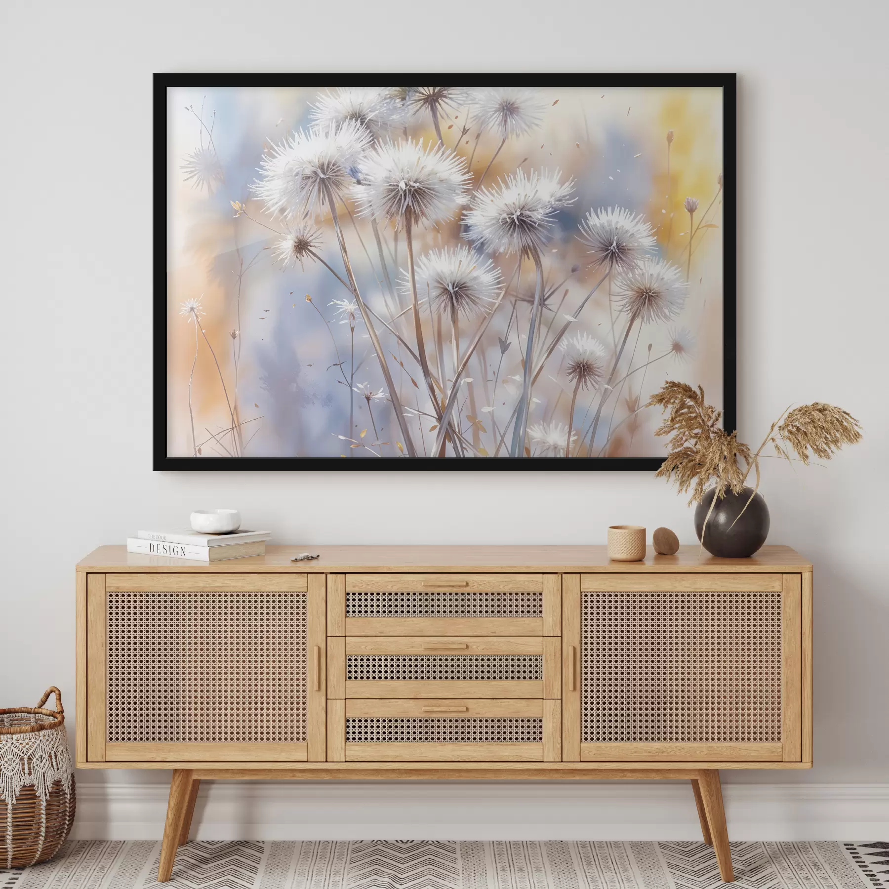 Fototapete Flauschige weiße Löwenzahnblüten vor einem verschwommenen Aquarellhintergrund mit warmer Beleuchtung f40541